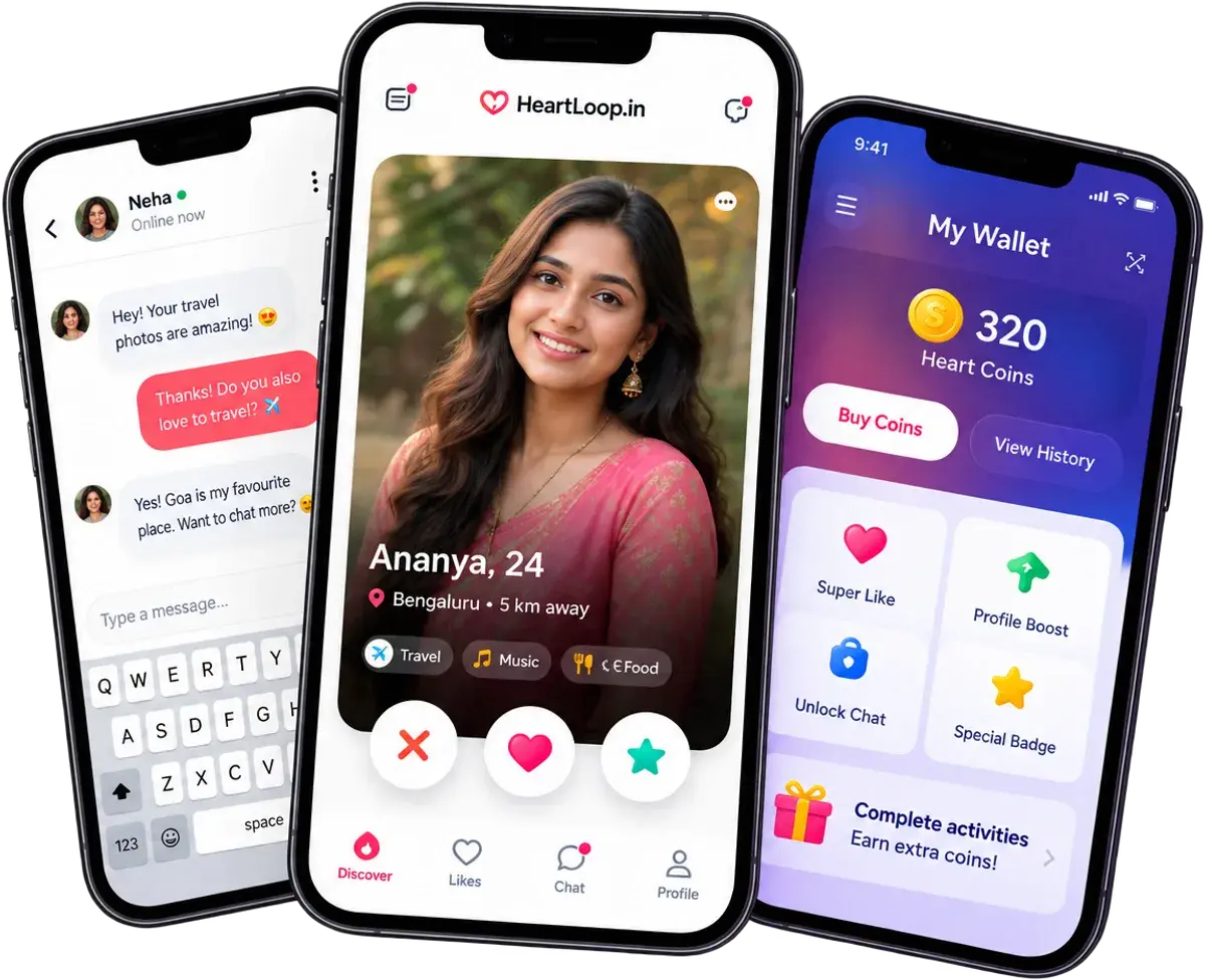 HeartLoop.in app screens: a chat with Neha, Ananya's profile card, and the Heart Coins wallet